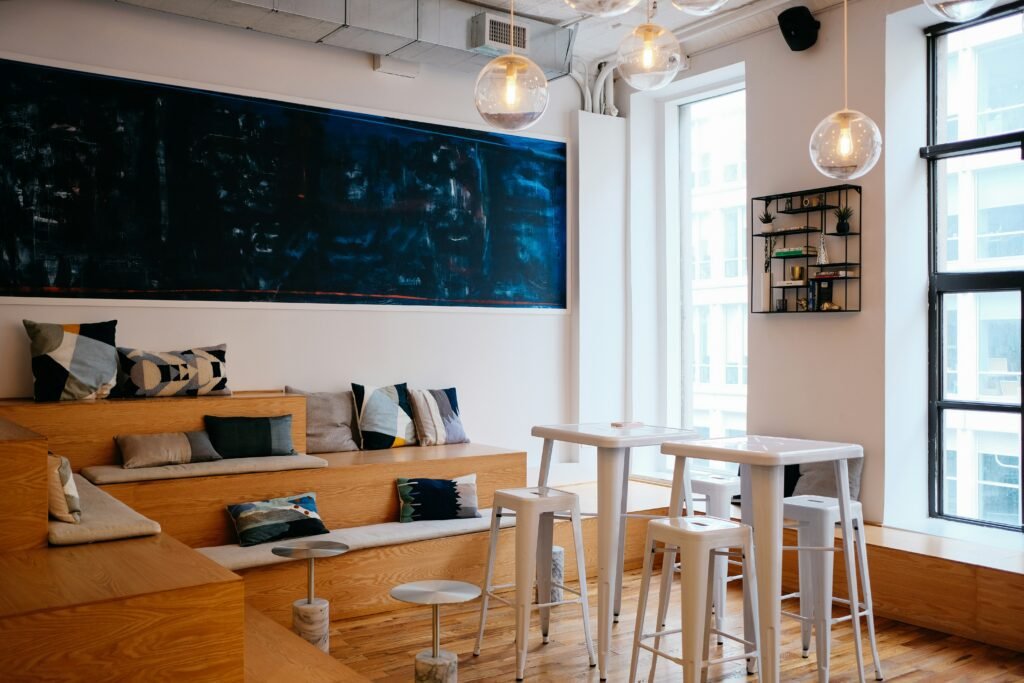 Chairs and cushions in a cozy coworking space